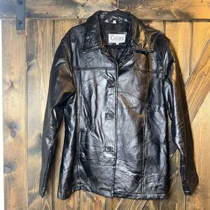 Cellini Leather Coat  Stitch Mosaic Patch Button Up Jacket